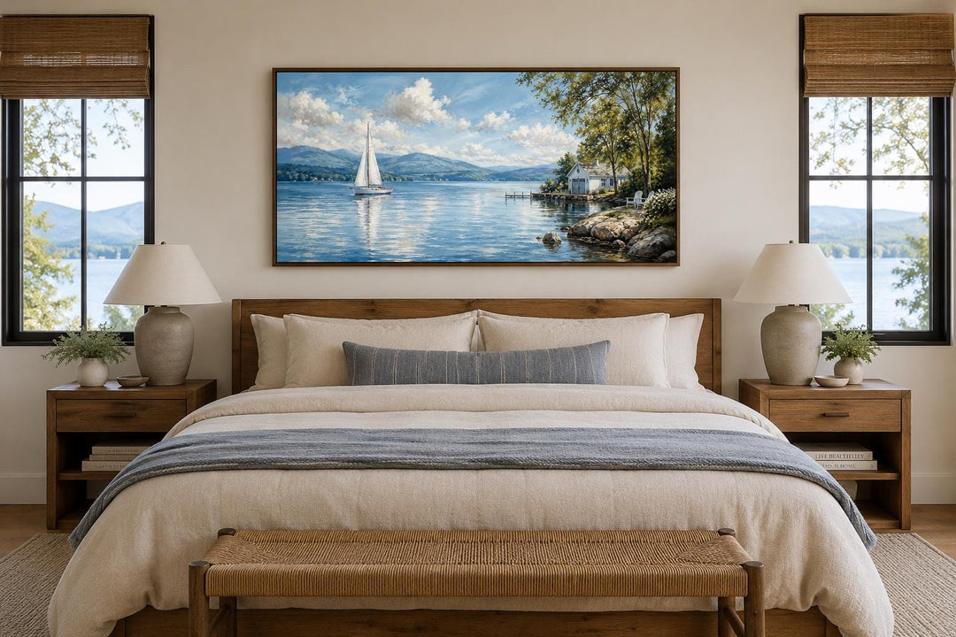 Sailboat in mountain lake painting on a canvas print hanging above a bed in a bedroom.
