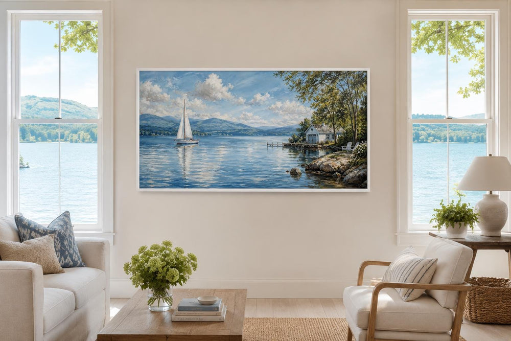 Sailboat in mountain lake painting canvas print hanging in a bright, neutral living room.