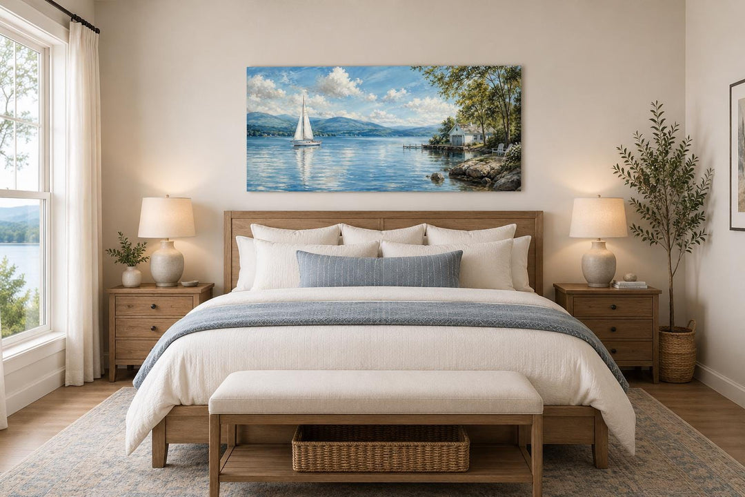 Sailboat in mountain lake painting on a canvas print hanging above a bed in a neutral bedroom.