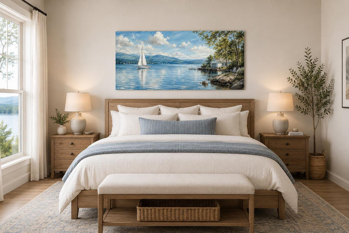 Sailboat in mountain lake painting on a canvas print hanging above a bed in a neutral bedroom.
