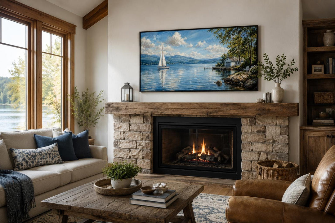 Sailboat in mountain lake canvas print hanging above a stone fireplace in a rustic living room.