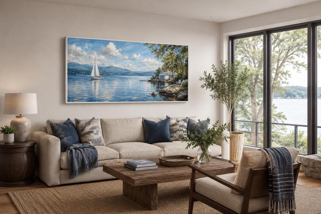 Sailboat in mountain lake painting on a canvas print hanging above a beige sofa in a living room.