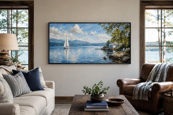 Sailboat in mountain lake painting canvas print displayed in a cozy living room setting.