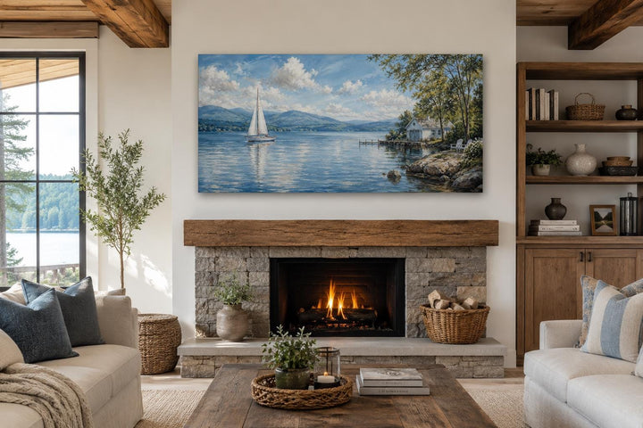 Sailboat in mountain lake painting canvas print hanging above a stone fireplace in a living room.