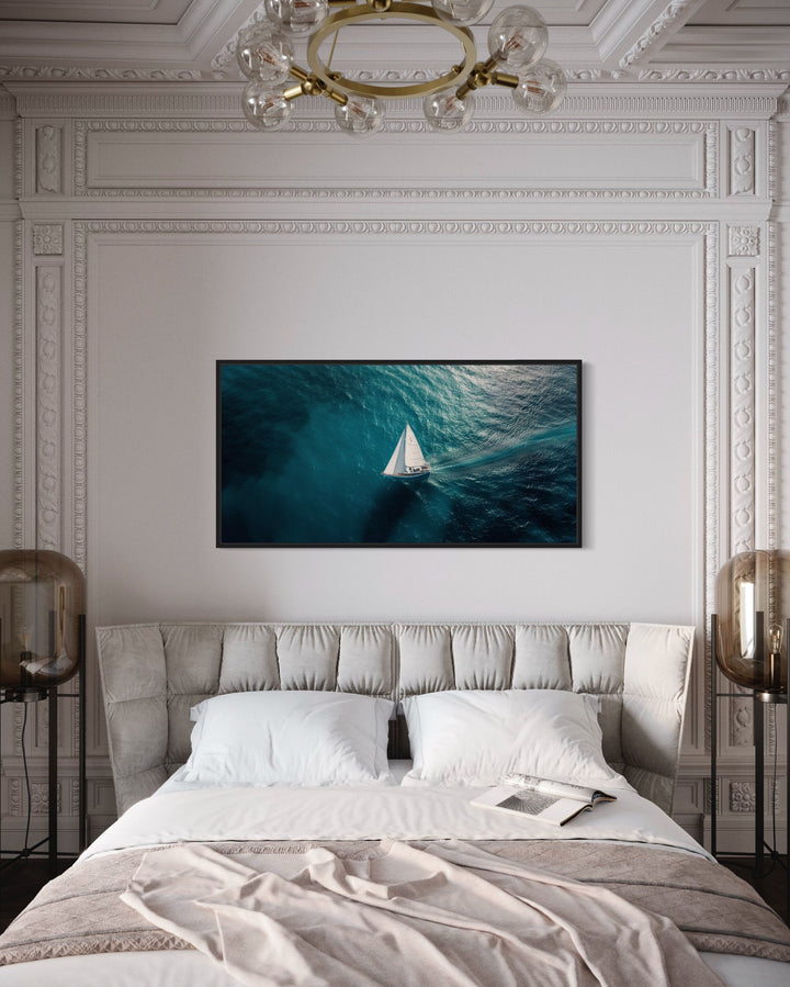 Sailboat In The Ocean Framed Canvas Nautical Wall Art beach house, coastal