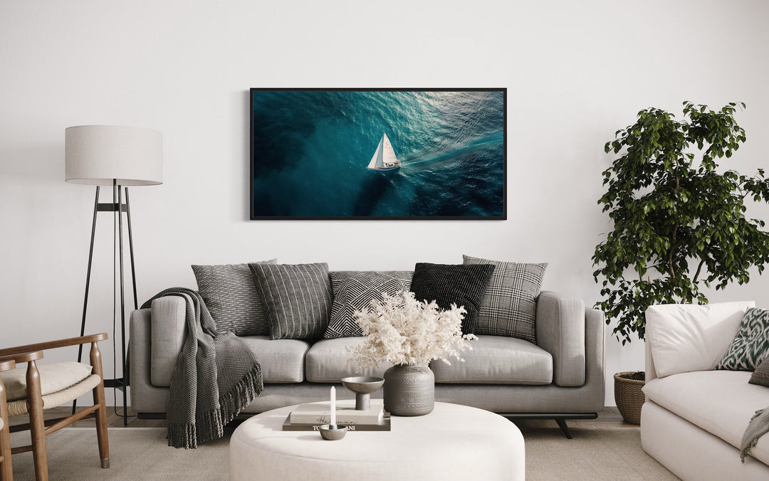 Sailboat In The Ocean Framed Canvas Nautical Wall Art beach house, coastal