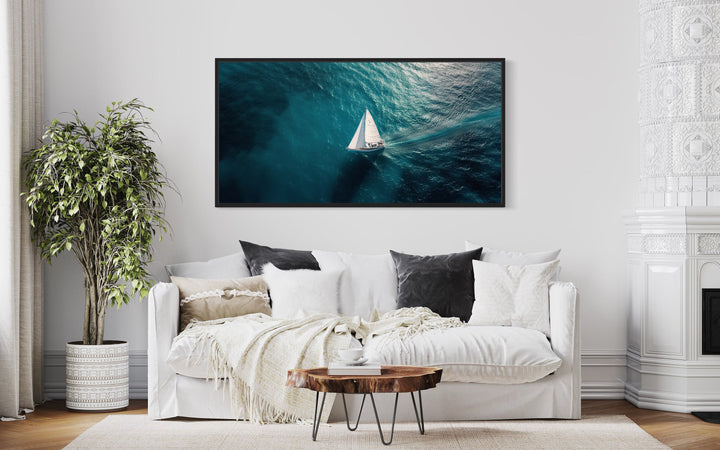 Sailboat In The Ocean Framed Canvas Nautical Wall Art beach house, coastal