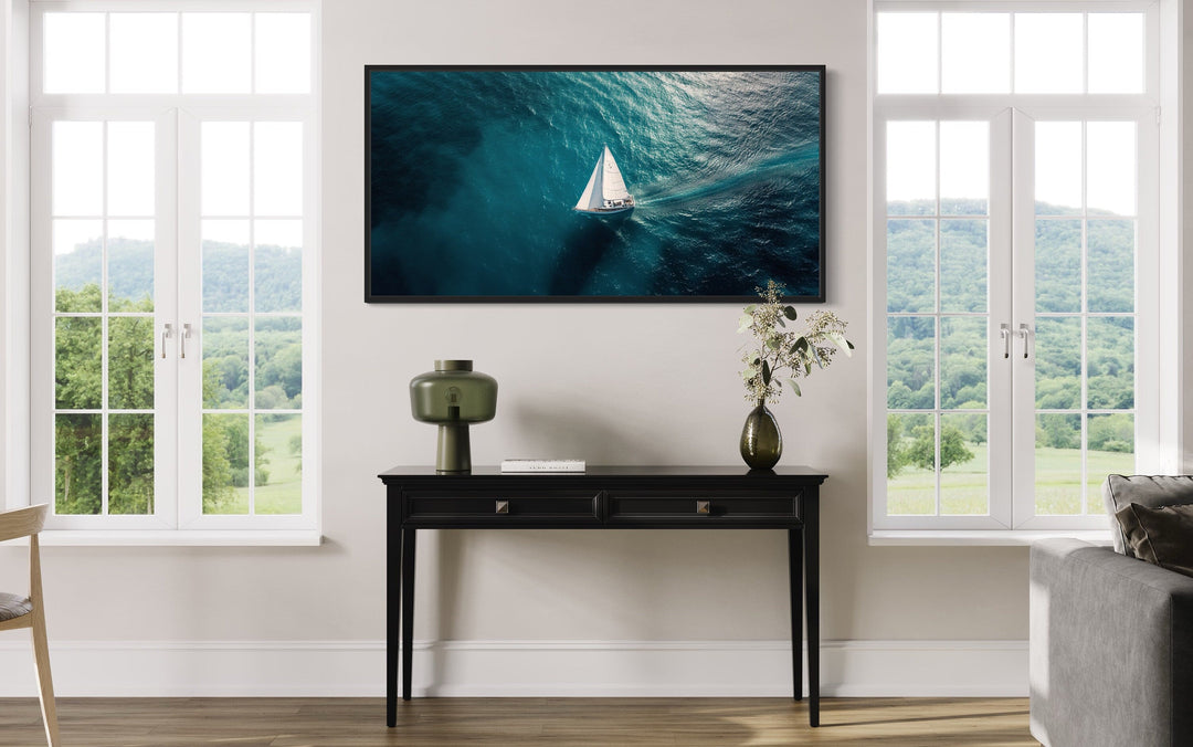 Sailboat In The Ocean Framed Canvas Nautical Wall Art beach house, coastal