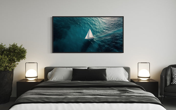 Sailboat In The Ocean Framed Canvas Nautical Wall Art beach house, coastal