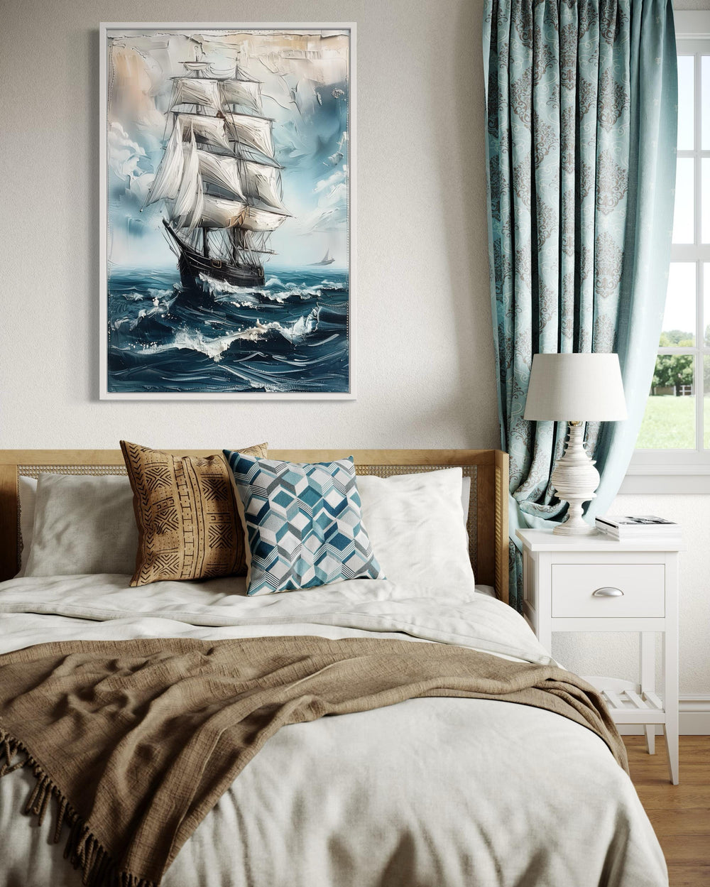 Sailing Ship In Blue Ocean Abstract Coastal Wall Art