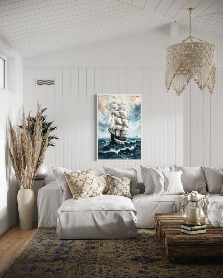 Sailing Ship In Blue Ocean Abstract Coastal Wall Art