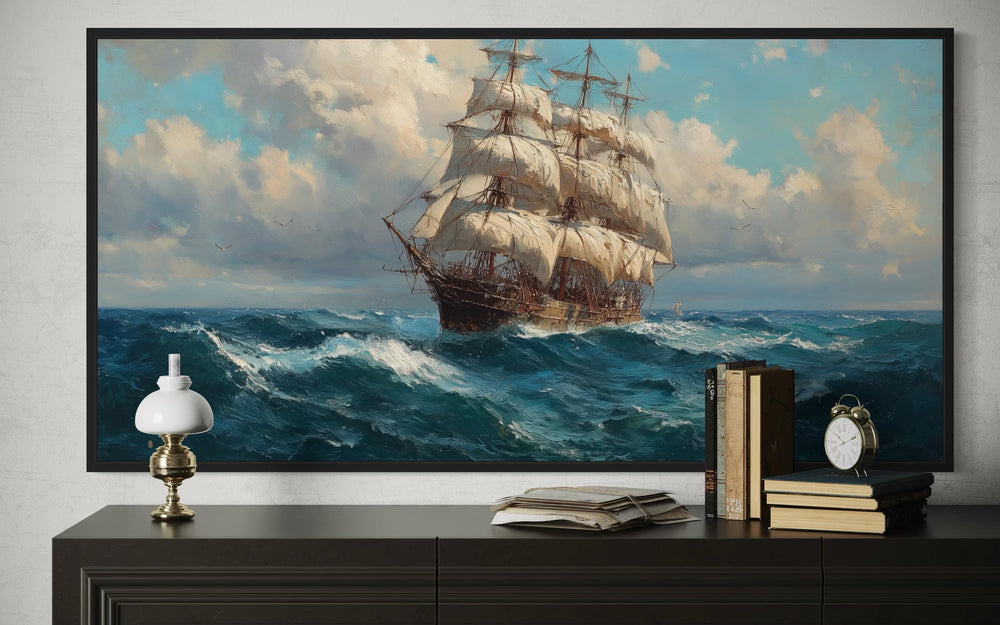 Sailing Ship In Stormy Ocean Framed Canvas Wall Art