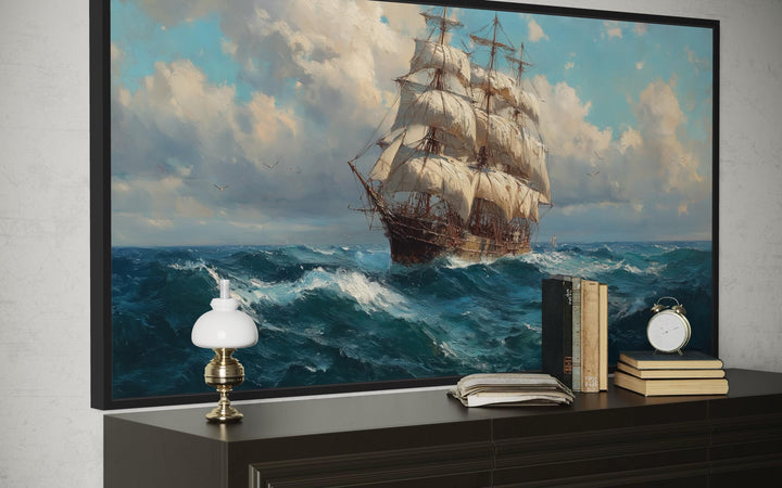 Sailing Ship In Stormy Ocean Framed Canvas Wall Art
