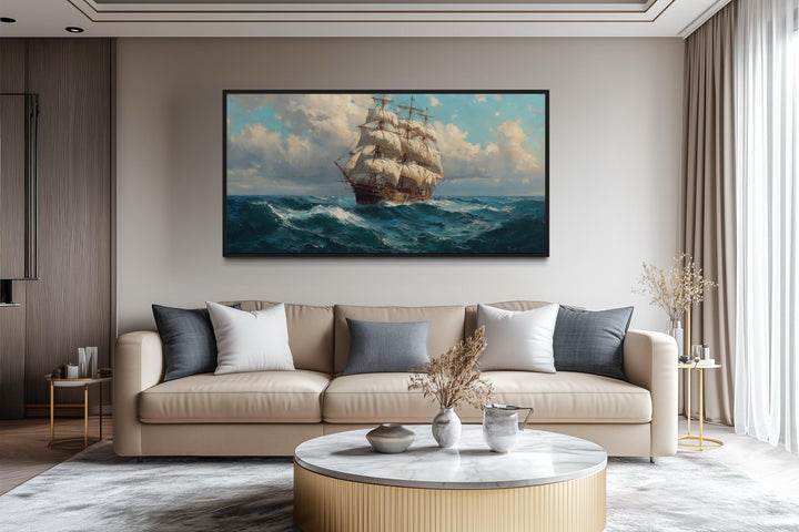 Sailing Ship In Stormy Ocean Framed Canvas Wall Art