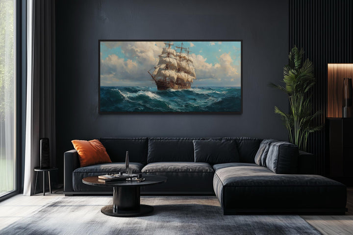Sailing Ship In Stormy Ocean Framed Canvas Wall Art
