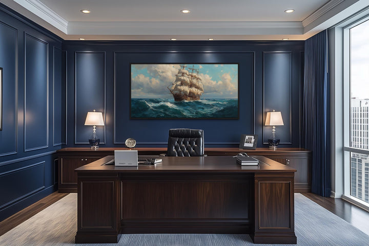 Sailing Ship In Stormy Ocean Framed Canvas Wall Art