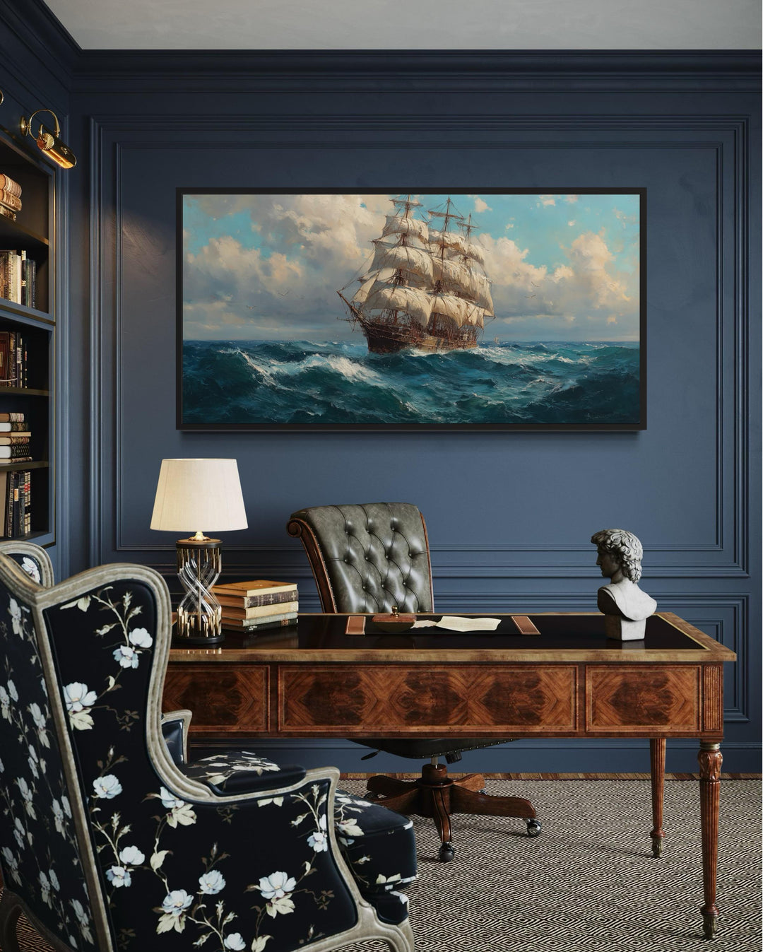 Sailing Ship In Stormy Ocean Framed Canvas Wall Art