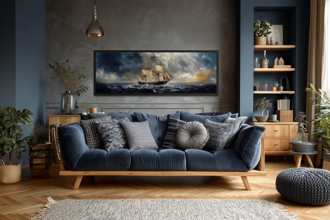Sailing Ship In Stormy Sea Long Horizontal Canvas Nautical Wall Art