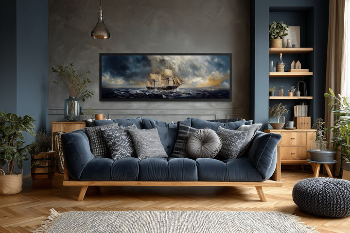 Sailing Ship In Stormy Sea Long Horizontal Canvas Nautical Wall Art