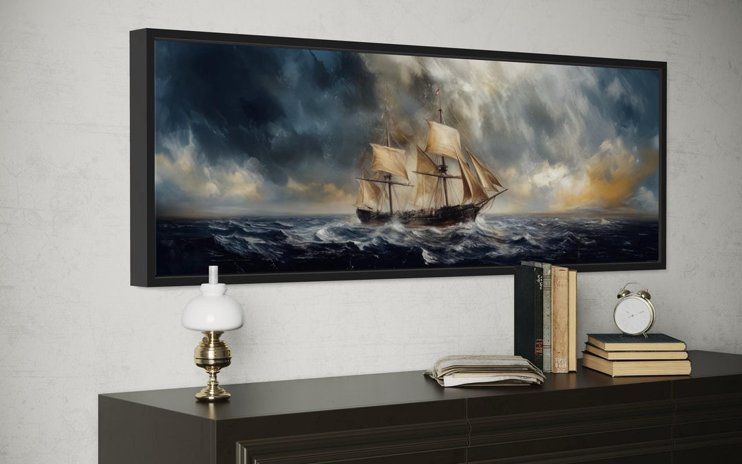 Sailing Ship In Stormy Sea Long Horizontal Canvas Nautical Wall Art