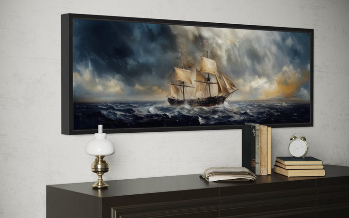 Sailing Ship In Stormy Sea Long Horizontal Canvas Nautical Wall Art