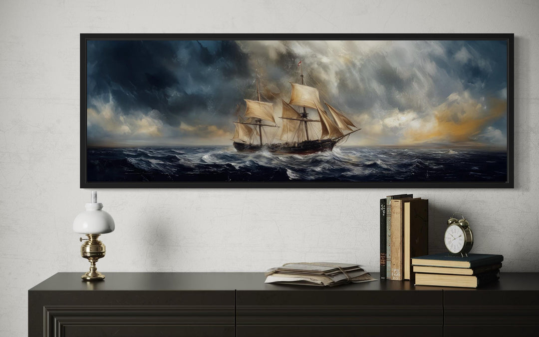 Sailing Ship In Stormy Sea Long Horizontal Canvas Nautical Wall Art