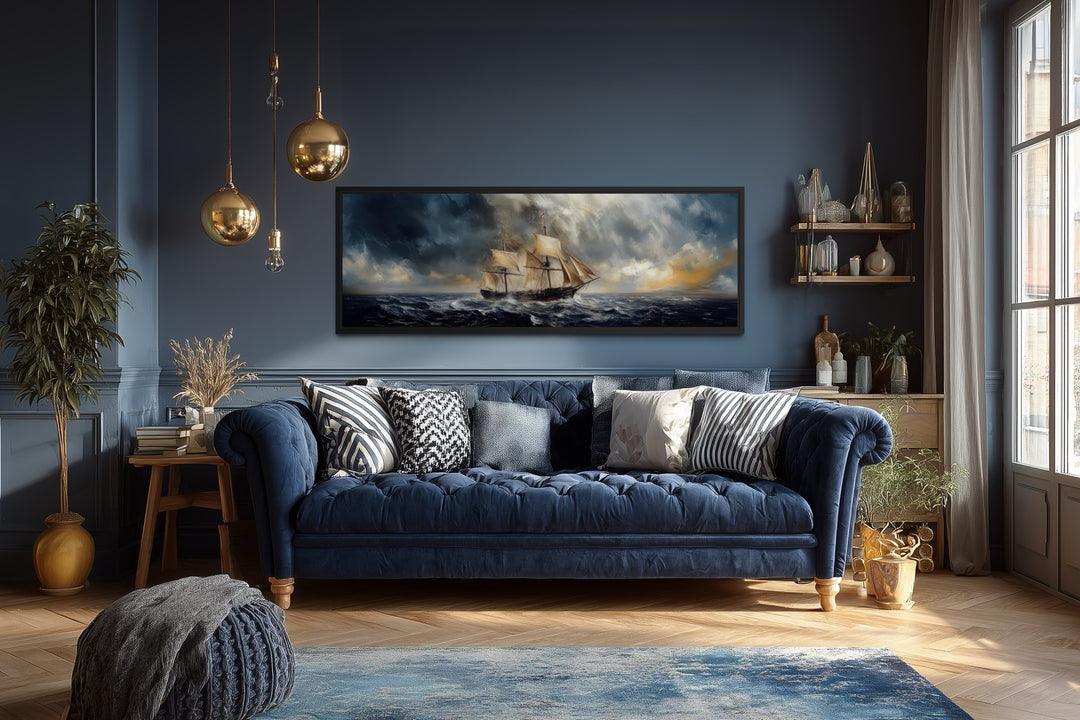 Sailing Ship In Stormy Sea Long Horizontal Canvas Nautical Wall Art