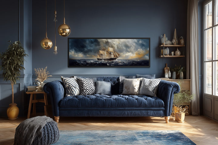 Sailing Ship In Stormy Sea Long Horizontal Canvas Nautical Wall Art