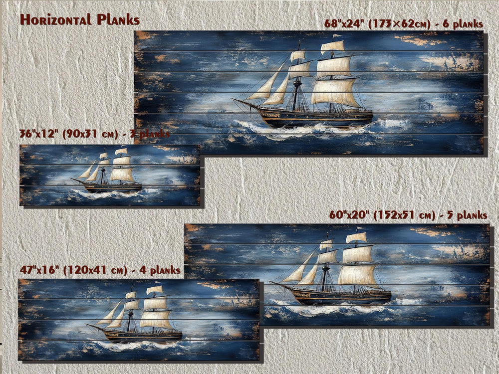 Sailing ship nautical wall art on horizontal wood planks in four different sizes.
