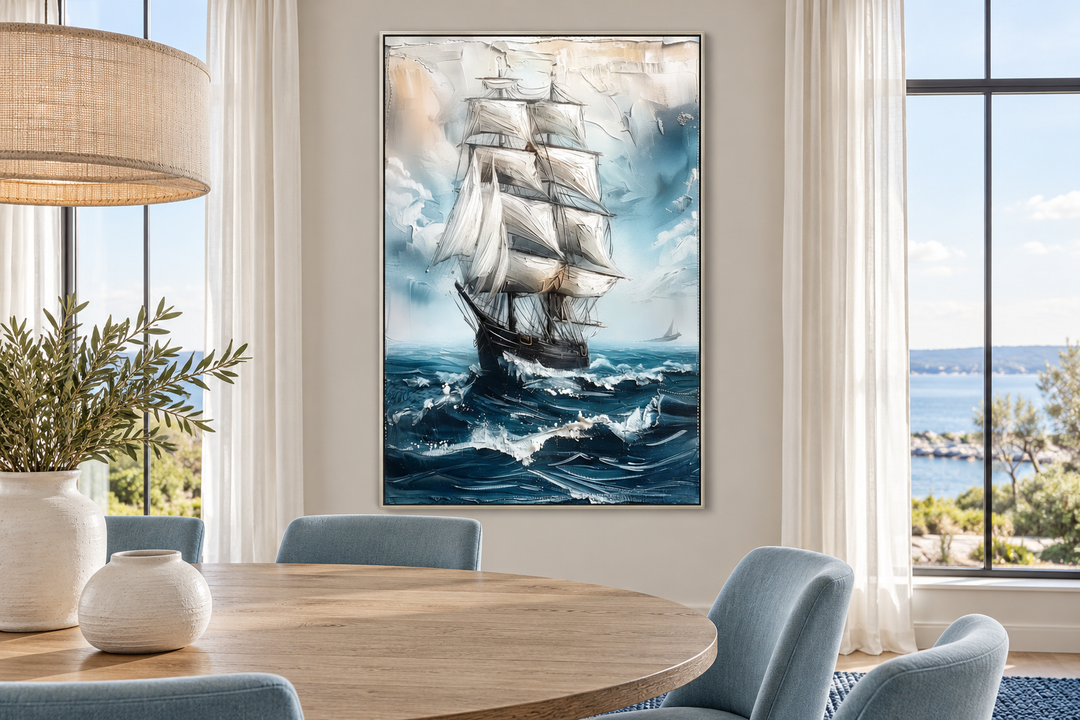Abstract coastal wall art of a sailing ship on a blue ocean in a silver frame in a dining room.
