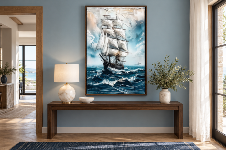 Abstract coastal wall art of a sailing ship on blue ocean waves in a walnut frame.