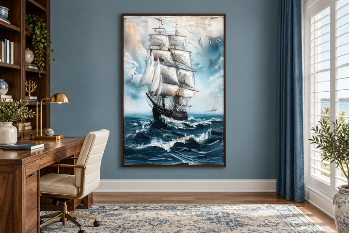 Abstract sailing ship wall art in a walnut frame, featuring blue ocean waves and white sails.