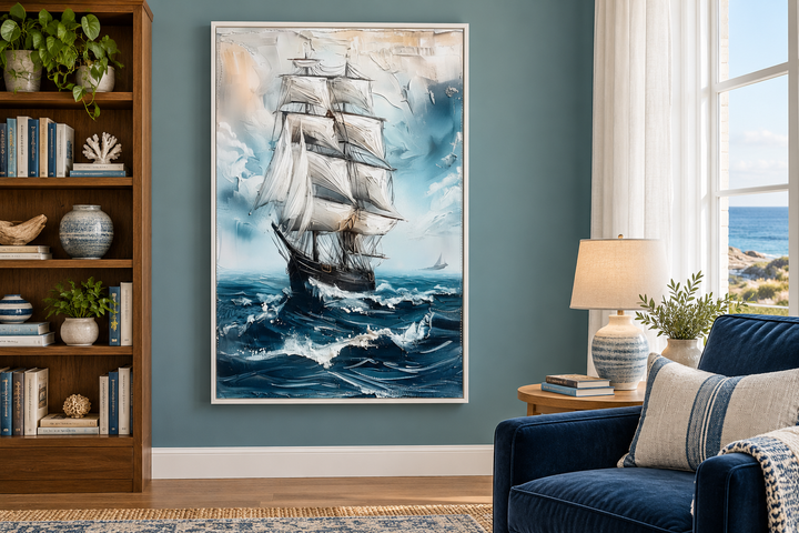 Abstract coastal wall art of a sailing ship on a blue ocean in a white frame on a blue wall.