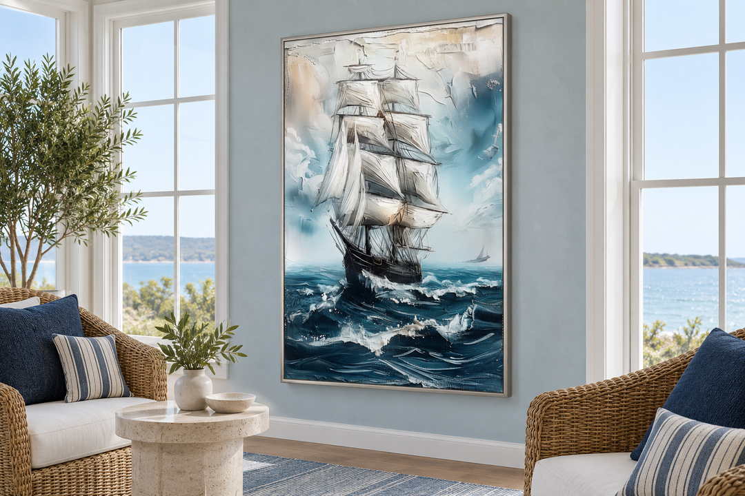 Abstract coastal wall art of a sailing ship on blue ocean waves in a silver frame.