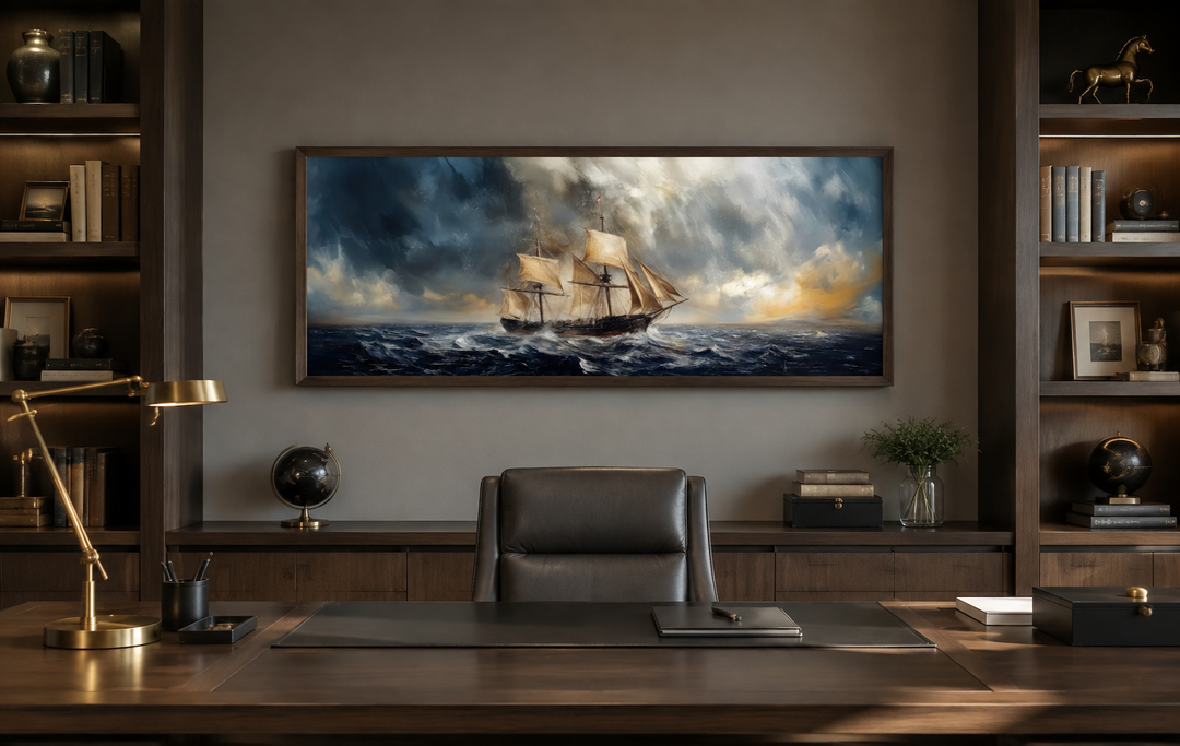 Sailing ship in a stormy sea on a long horizontal canvas above a desk in a dark wood office.