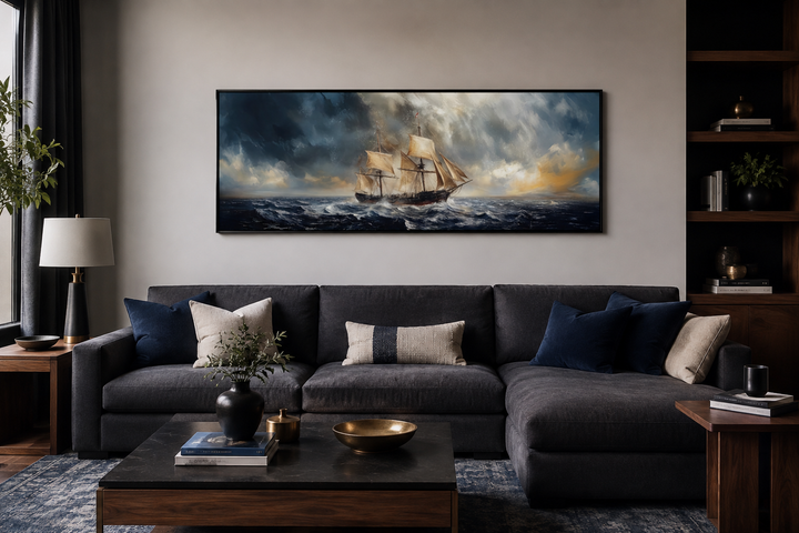 Sailing ship in stormy sea long horizontal canvas wall art above a dark gray sectional sofa.
