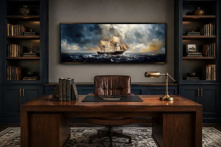Sailing ship in stormy sea long horizontal canvas wall art hanging above a desk in a home office.
