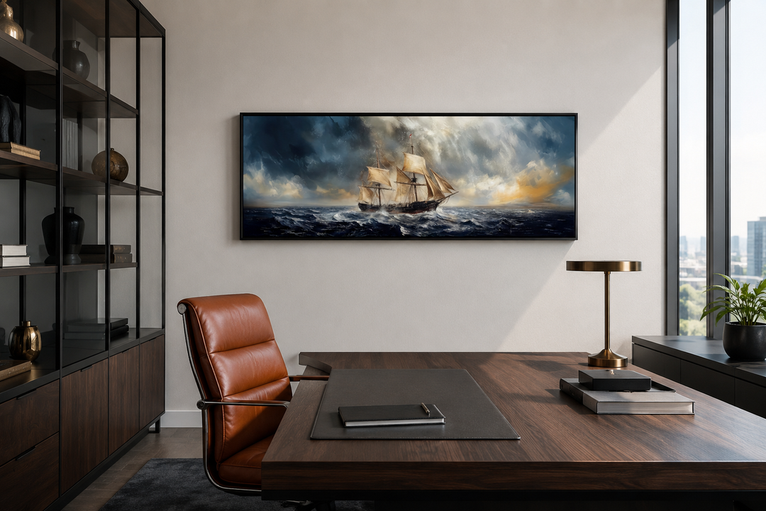 Sailing ship in stormy sea long horizontal canvas wall art hanging in a modern office.