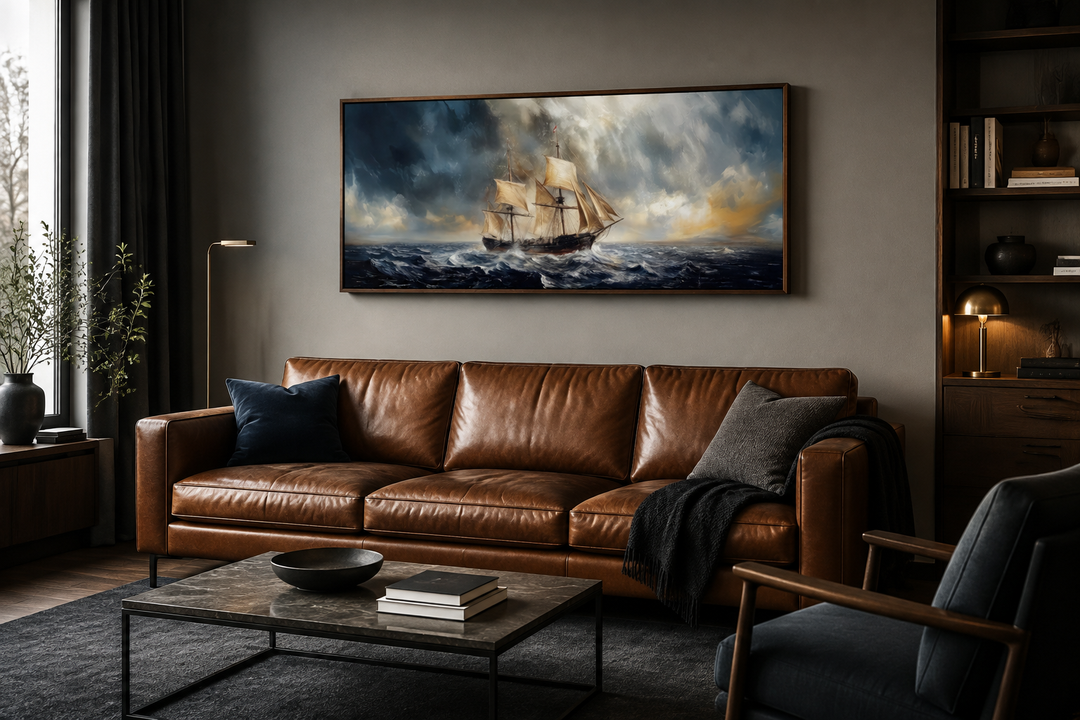 Sailing ship in stormy sea long horizontal canvas wall art above a brown leather sofa.