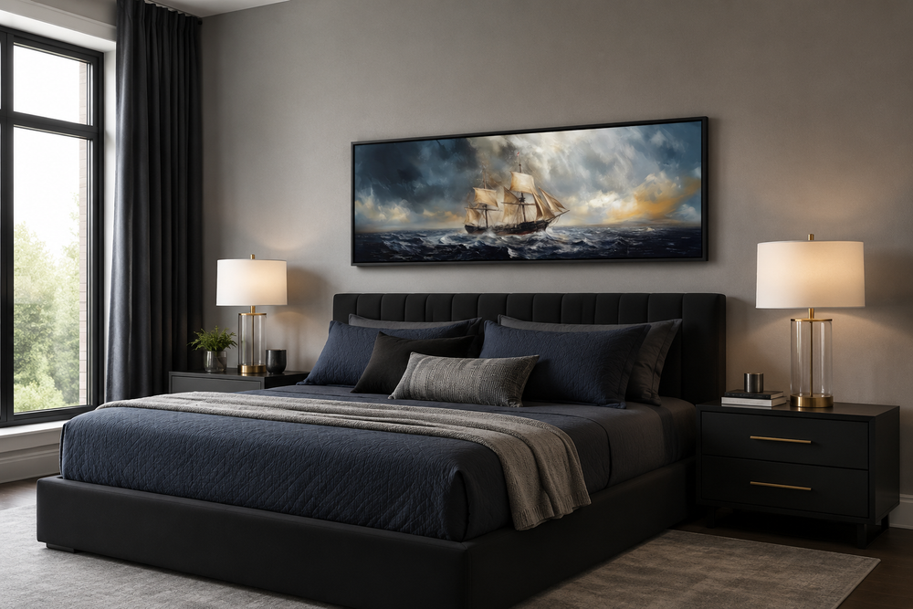 Sailing ship in stormy sea long horizontal canvas wall art hanging above a bed in a modern bedroom.