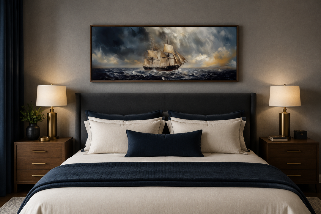 Sailing ship in stormy sea long horizontal canvas nautical wall art hanging above a bed.