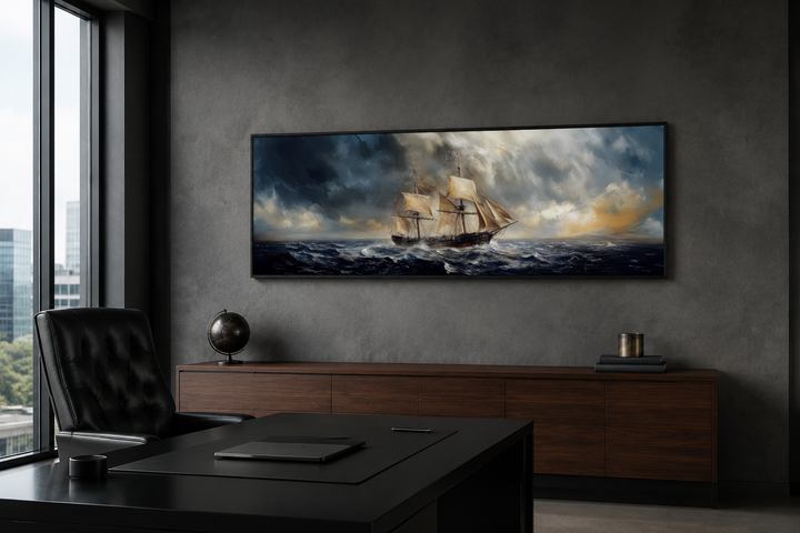 Long horizontal canvas of a sailing ship in a stormy sea above a dark wood sideboard in an office.