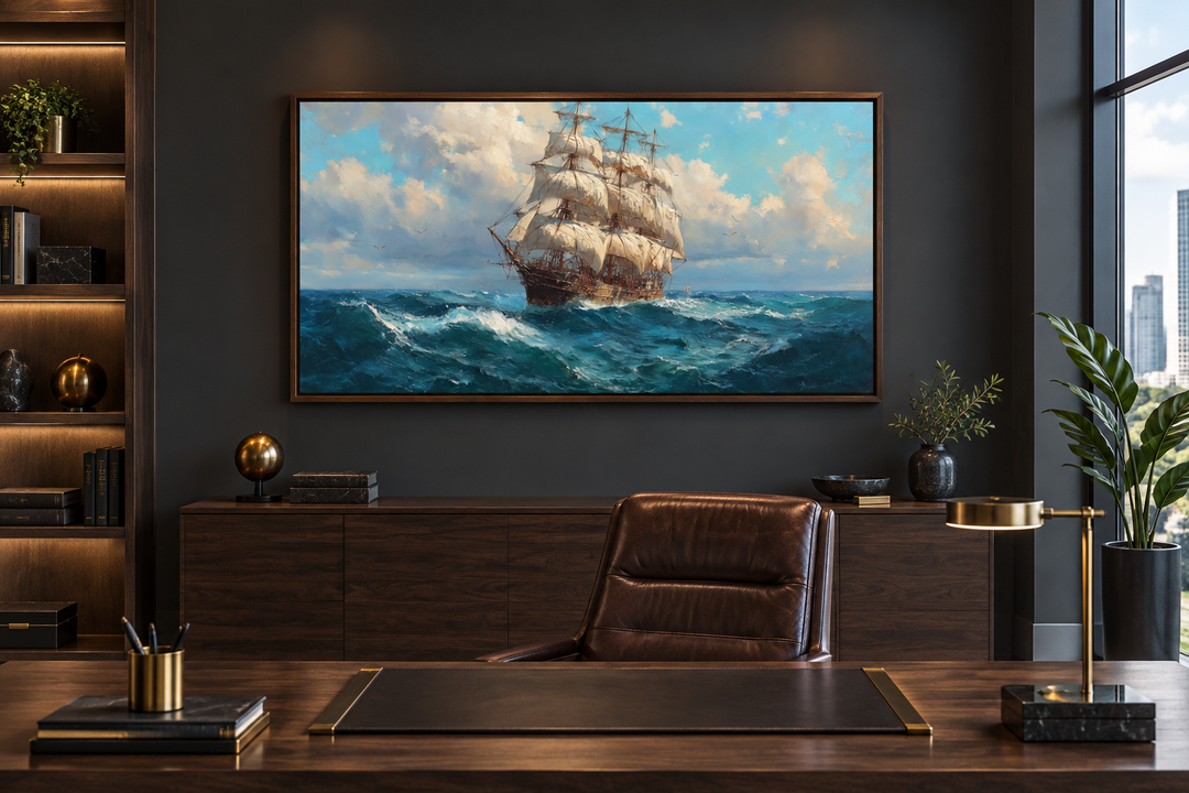 Sailing Ship In Stormy Ocean Framed Canvas Wall Art hanging in a dark, modern office setting.