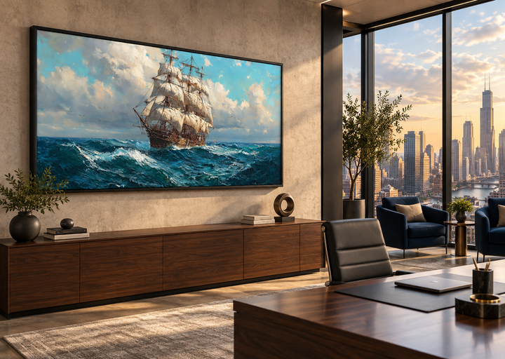 Sailing Ship In Stormy Ocean Framed Canvas Wall Art displayed in a modern office setting.