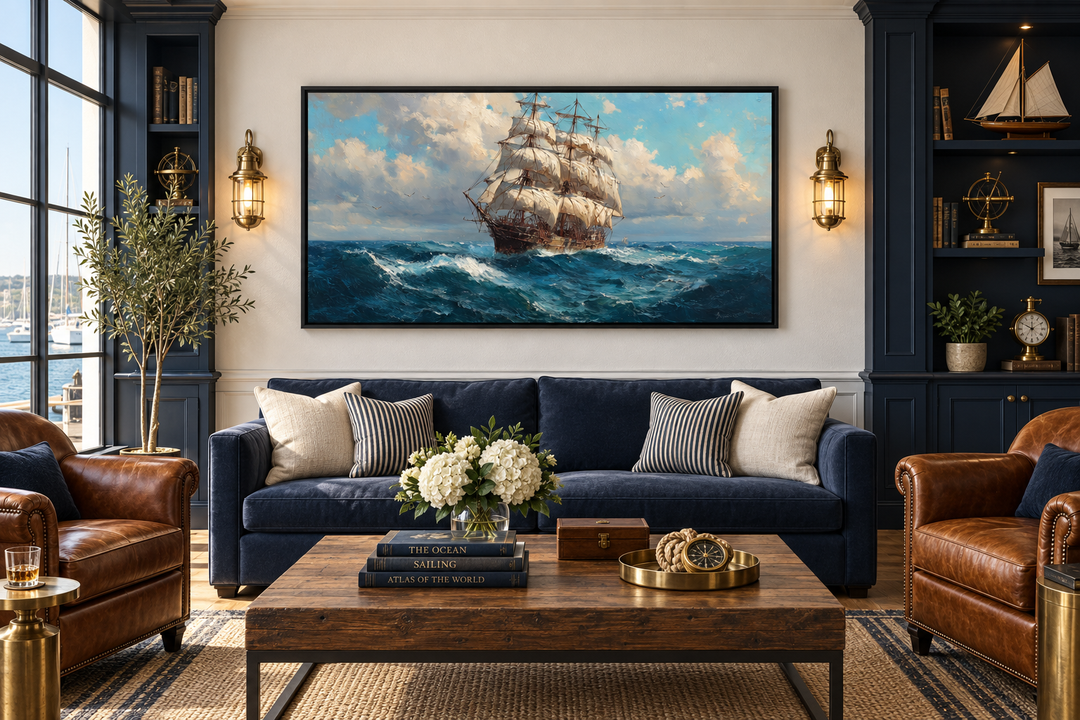 Framed canvas wall art of a tall sailing ship navigating a stormy ocean in a classic living room.