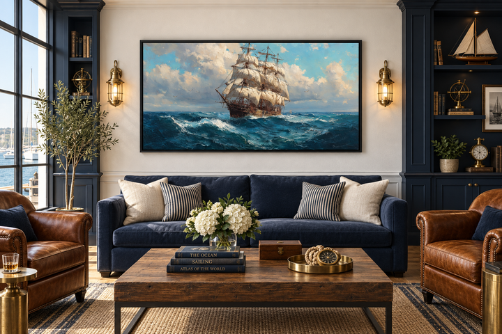 Framed canvas wall art of a tall sailing ship navigating a stormy ocean in a classic living room.