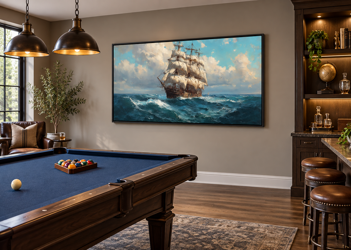 Sailing Ship In Stormy Ocean Framed Canvas Wall Art hanging in a masculine game room above a pool table.