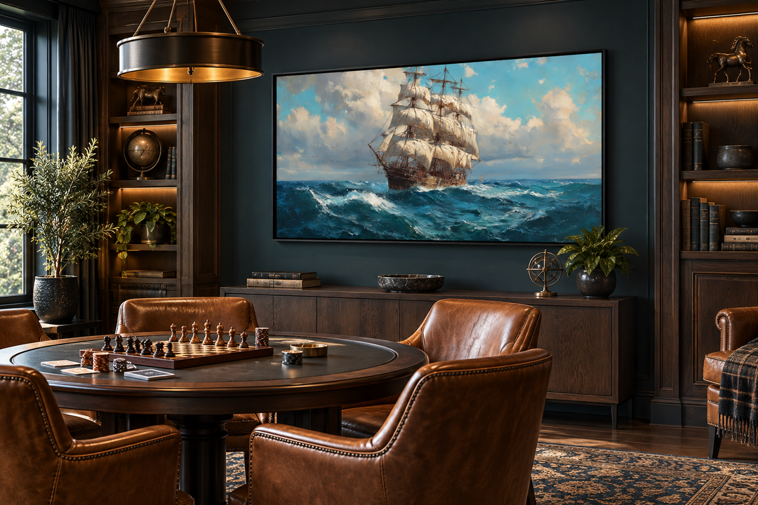 Sailing ship in stormy ocean framed canvas wall art above a sideboard in a dark wood study.