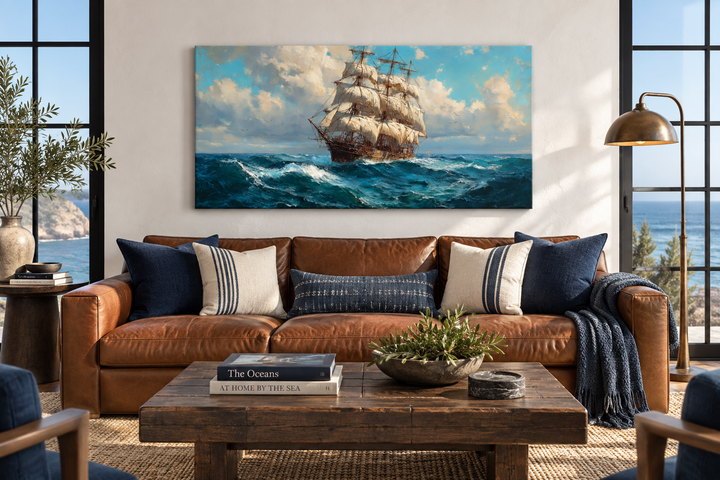 Sailing Ship In Stormy Ocean Framed Canvas Wall Art hanging above a brown leather sofa.