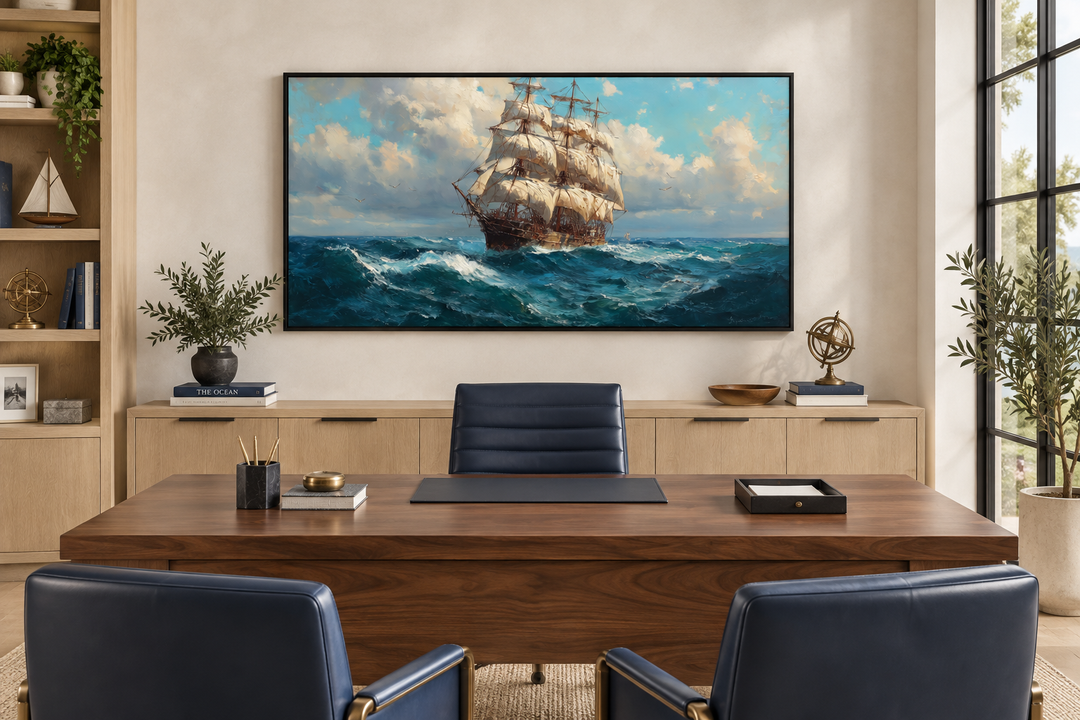 Sailing ship in stormy ocean framed canvas wall art hanging above a desk in a modern office.